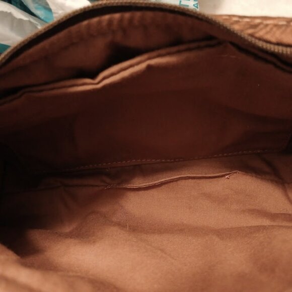 New Canvas Vinyl Camo Top handle Shoulder Bag Purse Brown Crescent Baguette - Picture 10 of 10